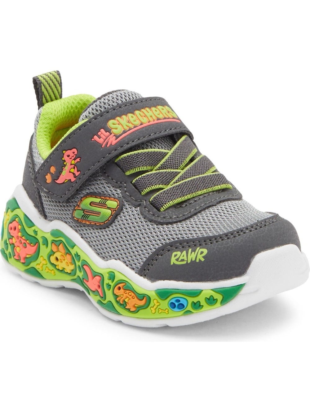 Skechers Kids' Play Scene Gray & Lime Dinosaur Sneaker with Velcro Strap Size 9C